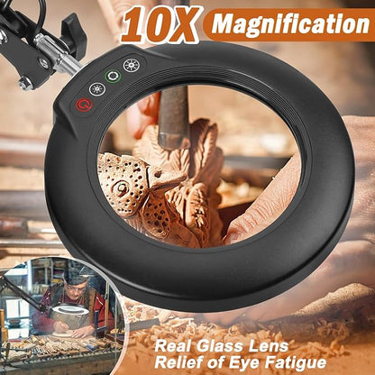 Veemagni 10X Magnifying Glass with Light, 5 Color Modes Stepless Dimmable 2-in-1 Desk Lamp and Clamp, LED Lighted Magnifier with Light and Stand, Hands Free for Craft Repair Hobby Painting Close Work