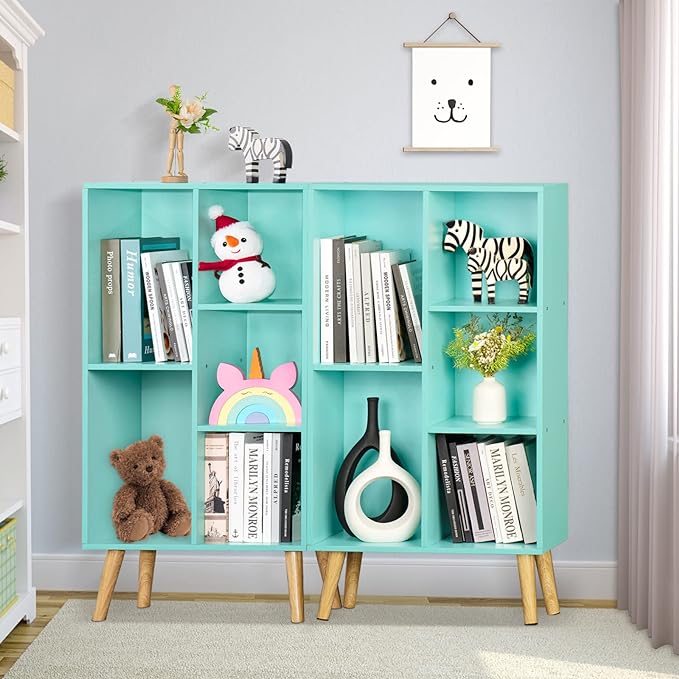 LEYAOYAO 5 Cube Bookshelf 3-Tier Bookcase with Legs,Mint Green Kids Book Shelf Cute Storage Organizer,Free Standing Open Toy Shelves Wood Bookshelves,Display Bookcases for Bedroom,Living Room,Nursery