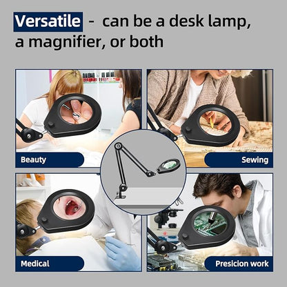 LED Magnifying Lamp with Premium Swing Arm, 5X Magnifying Glass with 5-Color Dimmable Light, Heavy-Duty Work Lamp Hands Free for Crafts, Precision Work, Estheticians - New Rotary Switch Design