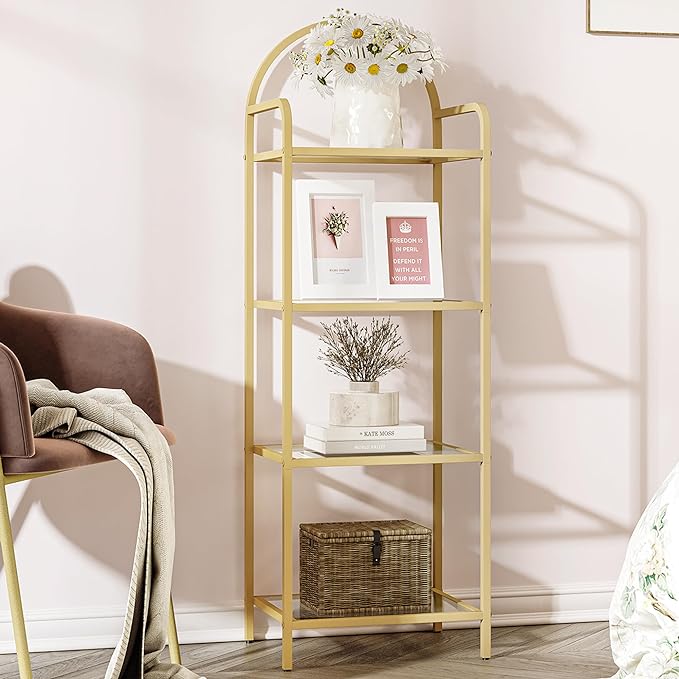 Bookcase Bookshelf, Tempered Glass Bookshelves, Slim Shelving Unit for Bedroom, Bathroom, Home Office, Steel Frame, 4 Tier Gold BC04001G