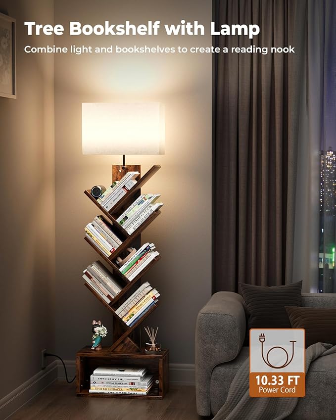 6 Tier Tree Bookshelf with Light, Small Bookcase Tower for Books/CDs/Movies, Sturdy Tall Floor Standing Book Organizer with Storage Cabinet for Living Room, Bedroom and Home Office
