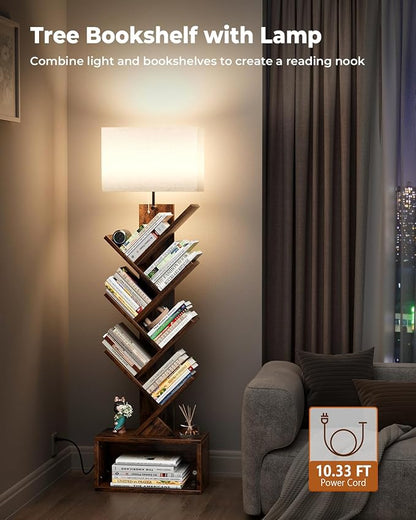 6 Tier Tree Bookshelf with Light, Small Bookcase Tower for Books/CDs/Movies, Sturdy Tall Floor Standing Book Organizer with Storage Cabinet for Living Room, Bedroom and Home Office