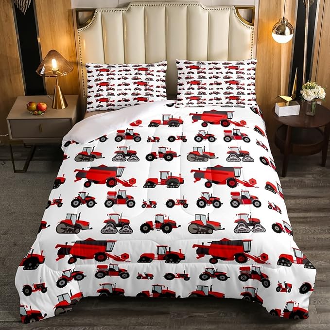 Erosebridal Red Tractor Comforter Set King Size Heavy Equipment Truck Down Comforter Kids Boys Girls Teens Harvester Tractor Bedding Set Construction Excavator Farm Equipment Quilt Set