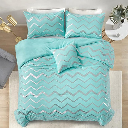 Aqua Comforter Set King Size, Metallic Teal and Silver Bedding Set, 4 Piece Lightweight Microfiber Comforter for Teen Girls Women (2 Pillow Shams + 1 Decorative Pillow Sham)