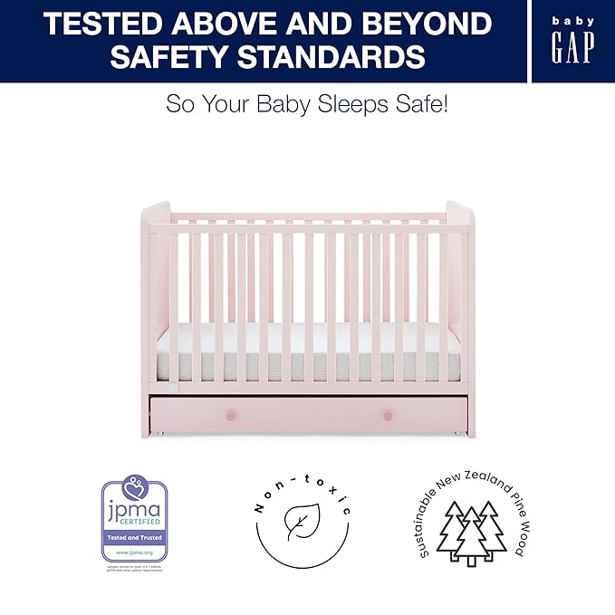 GAP babyGap Graham 4-in-1 Convertible Crib with Storage Drawer - Greenguard Gold Certified, Blush Pink/Dark Pink