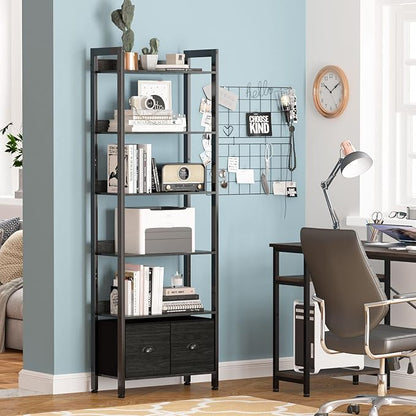 Furologee 6-Tier Bookshelf, Tall Bookcase with 2 Drawers Storage Organizer, Industrial Display Free Standing Shelf Units, Wood and Metal Storage Rack for Home Office, Bedroom, Black Oak