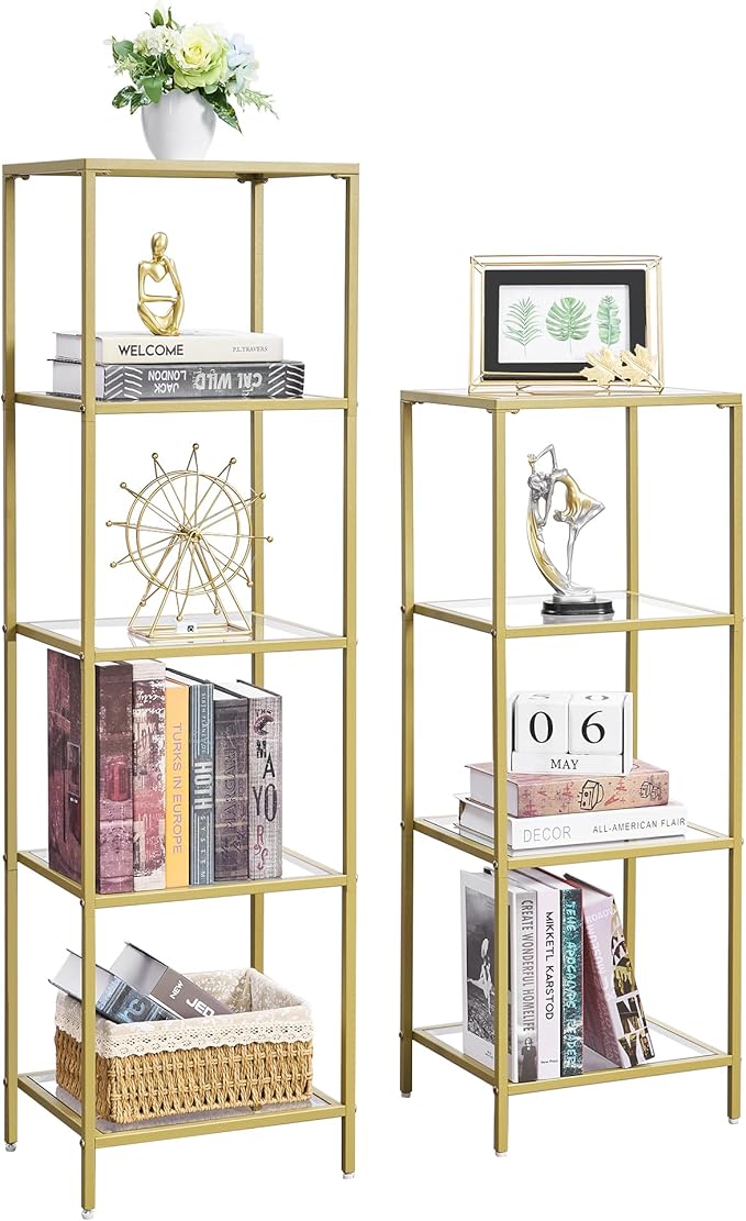 4-Tier Bookshelf,Metal Bookcase,Tempered Glass Shelves,Storage Rack Shelf for Home Office,Living Room,Bedroom, Bathroom,Modern Style,Golden