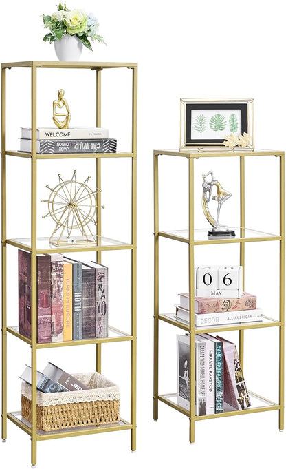 4-Tier Bookshelf,Metal Bookcase,Tempered Glass Shelves,Storage Rack Shelf for Home Office,Living Room,Bedroom, Bathroom,Modern Style,Golden