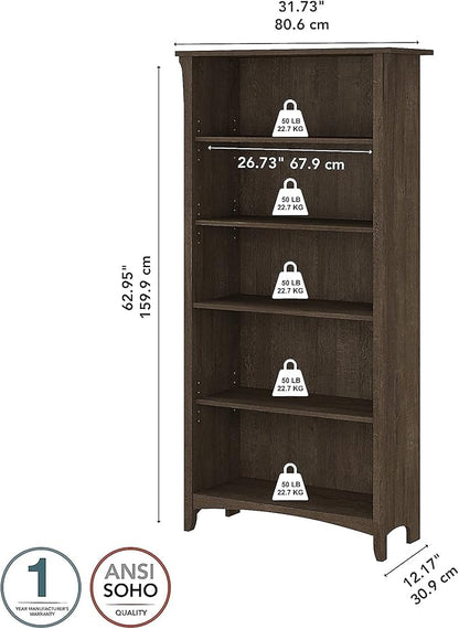 Bush Furniture Salinas Tall 5 Shelf Bookcase in Ash Brown
