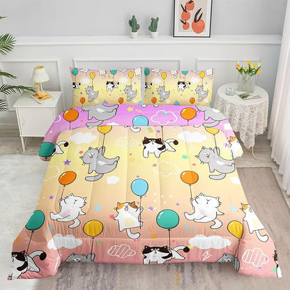 Datura home Kids Comforter Set Cute Cats Printed Pattern Bedding Set with 1 Comforter and 2 Pillowcases for Girls Boys Bedroom All Season(Cat1 Queen)