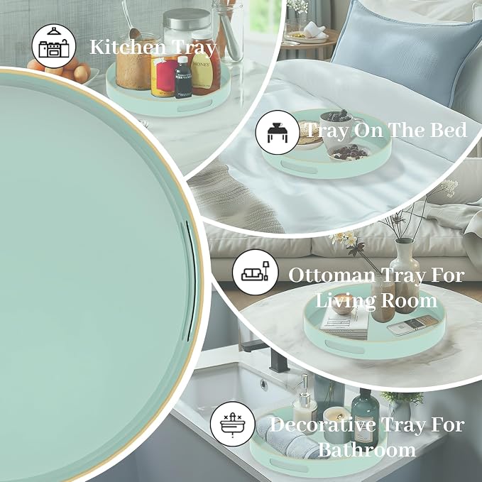 MAONAME 13" Mint Green Decorative Tray, Round Serving Tray with Handles | Plastic Decorative Tray for Coffee Table, Modern Ottoman Tray, Circle Tea Tray, Round Melamine Tray for Living Room, Bathroom