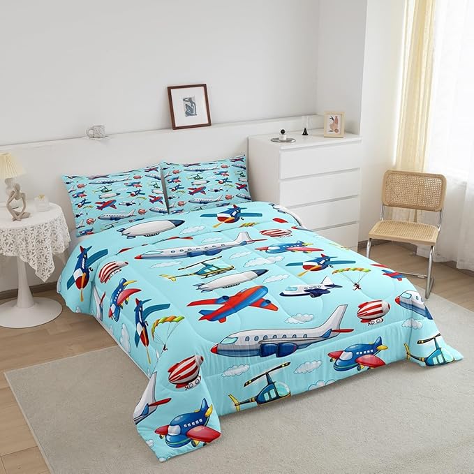Kids Aircraft Comforter Set Boys Cartoon Airplane Print Comforter Helicopter Flying Plane Bedding Set for Children Girls Travel Decor Duvet Set Cute Colorful Planes Room Decor Twin Size Quilt Set