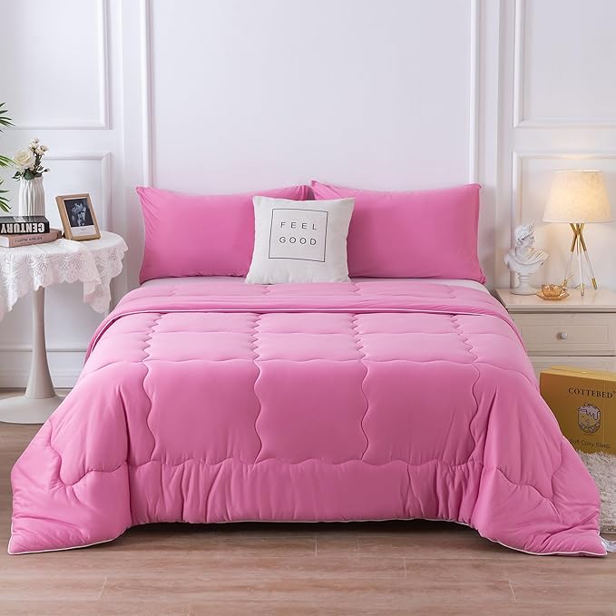 COTTEBED Softness Comforter Set KING Size Bed, Jersey Knit T-Shirt Feel Ultra-Soft Breathable Comy Cozy Lightweight Bedding Down Blanket Pillowsham Women Girl All Season, California/Cal King Rose Pink