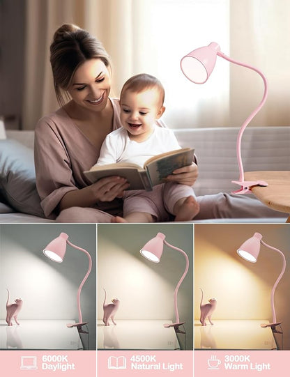 BOHON Cute Desk Lamp with Clamp 10W 38 LED Clip on Light, 3 Color 10 Brightness Auto Off Timer Flexible Gooseneck Pink Lamp Kawaii Accessories Desk Lights for Office Home Bed Bedside Reading, Pink