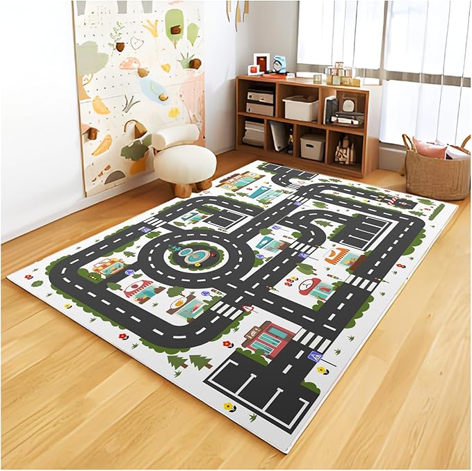 Analog ABC Kids Rug Playroom Car Rug Play Mat City Life Road Rug for Cars Fun City Map for Carpet for Bedroom Boys (55 * 82 inches, Clean City)