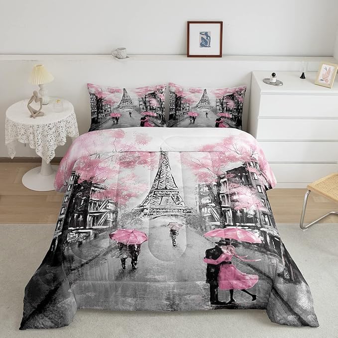 Paris Bedding Set Full Size Pink and Grey Eiffel Tower Comforter Set for Teens Girls Bedroom Decor Watercolor Cherry Blossoms Comforter Couple Retro Gray Building Quilt Comforter 2 Pillow Cases