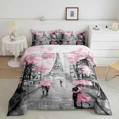Paris Bedding Set Full Size Pink and Grey Eiffel Tower Comforter Set for Teens Girls Bedroom Decor Watercolor Cherry Blossoms Comforter Couple Retro Gray Building Quilt Comforter 2 Pillow Cases
