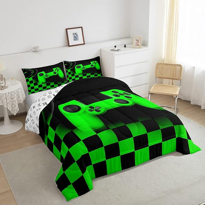 Gaming Comforter for Teen Boys Game Room Decor Bedding Set Kid Girls Gamepad Duvet Insert for All Season Gamer Home Decor Down Comforter Set with Black Green Buffalo Check Plaid Twin Size,1 Pillowcase