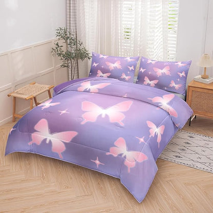 Tailor Shop Butterfly Comforter Sets King Size,Purple Pink Butterfly Bedding Sets for Girls Kids Teens with 2 Pillowcase…