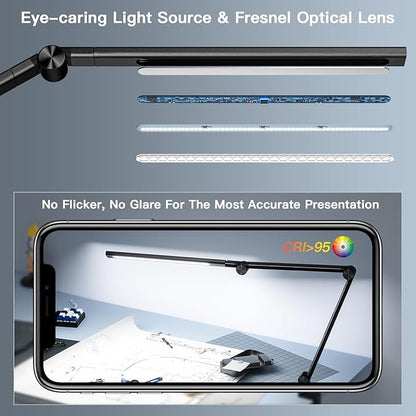 LED Desk Lamp, Desk Light for Home Office, Dual Light Source, Eye-Caring Optical Lens, 5 Color Modes & Brightness, 18W Brightest, Swing Arm Office Lamp, Puzzle Light, Clamp Lamp, Black