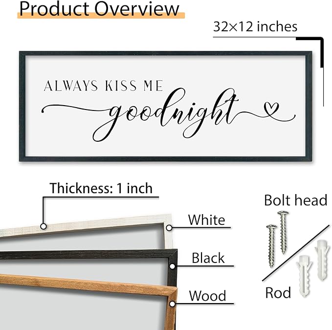 SRSZHIYUE Always Kiss Me Goodnight Sign Wall Decor Art for Master Bedroom Above Bed 32"×12" Large Wood Framed Wall Hanging (Black)
