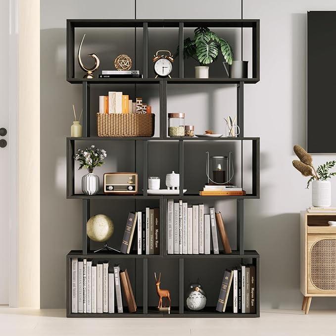 Furologee 6 Tier Bookshelf Tall Geometric Bookcase, S-Shaped Industrial Display Standing Shelf, Metal and Wood Decorative Storage Room Divider Shelves for Bedroom, Living Room, Office, Light Black Oak