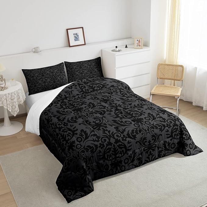 Erosebridal Adults Black Damask Bedding Set Antique Victorian Baroque Down Comforter King Gothic Vintage Floral Comforter Set Bohemian Exotic Bedding Quilted Bedroom Decor 2 Pillow Cases