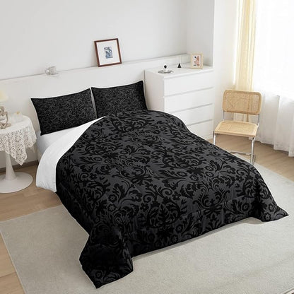 Erosebridal Adults Black Damask Bedding Set Antique Victorian Baroque Down Comforter King Gothic Vintage Floral Comforter Set Bohemian Exotic Bedding Quilted Bedroom Decor 2 Pillow Cases
