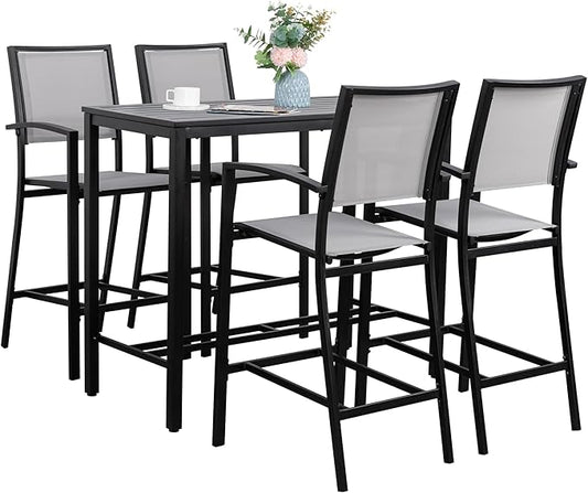 Shintenchi Patio Dining Sets, All Weather Textile Fabric Outdoor High Stool Bistro Set with 4 Bar Chairs and High Glass Table for Home, Backyard, Garden, Lawn, Porch, 5 Pieces