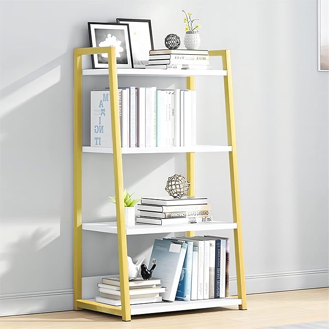 IOTXY 4 Tier Open Bookshelf - Steel and Wood Display Stand, 50CM Width Floor-Standing Bookcase, Gold