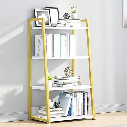 IOTXY 4 Tier Open Bookshelf - Steel and Wood Display Stand, 50CM Width Floor-Standing Bookcase, Gold