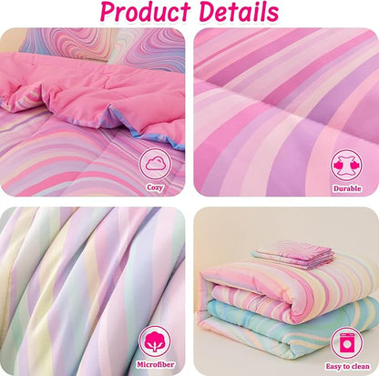 4 Pcs Pink Twin Comforter Set for Girls, Tie Dye Superior Kids Teen Bedding Sets, Blue Pink Rainbow Twin Size Bedding Set for Girls