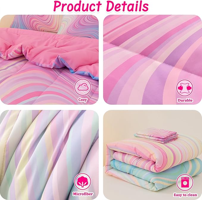 4 Pcs Pink Full Comforter Set for Girls, Tie Dye Superior Kids Teen Bedding Sets, Blue Pink Rainbow Full Size Bedding Set for Girls