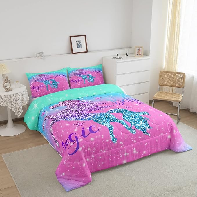 Girls Unicorn Comforter Set Twin,Glitter Gradient Bedding Set For Teens Child,Girly Sequins Magical Horse Duvet Insert For Bedroom Decor,Sparkle Galaxy Starry Sky Down Comforter,Pink Blue Quilt Set