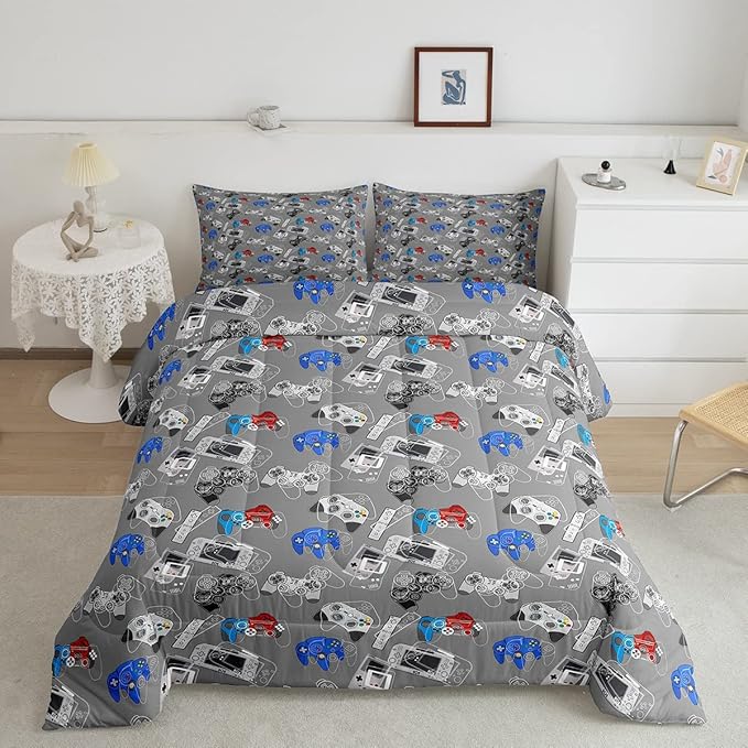 Erosebridal Gaming Comforter Set Twin for Boys Video Game Bedding Set Cartoon Gamepad Gamer Down Comforter, Soft Microfiber Grey White Reversible Bedding Comforters Game Quilt