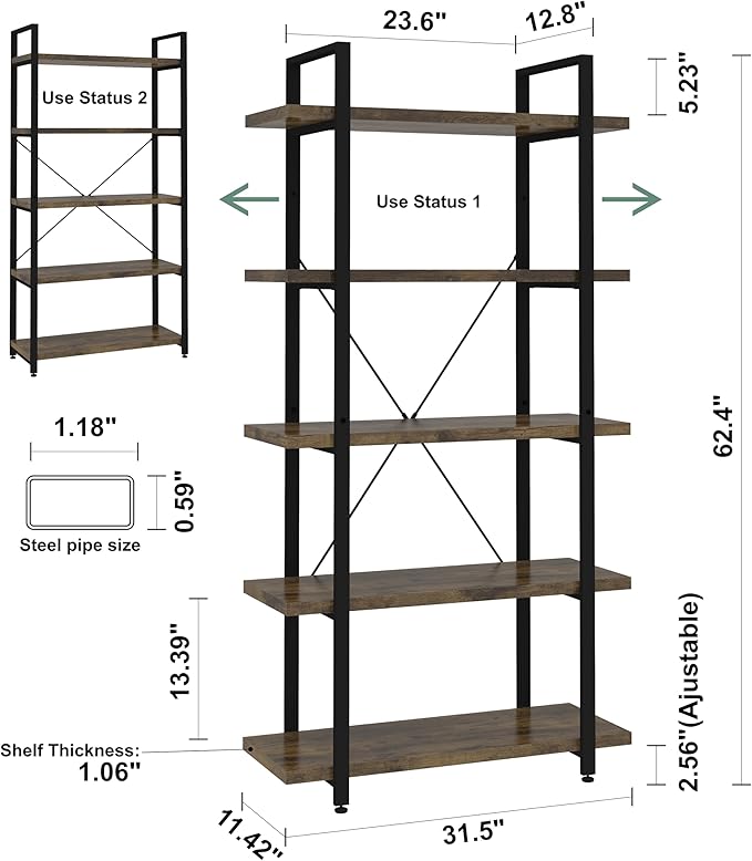 Panana 5 Tier Industrial Rustic Wooden Bookshelves, Vintage Open Wood and Metal Farmhouse Bookshelf Heavy Duty Storage Shelving Unit Rack (Brown)