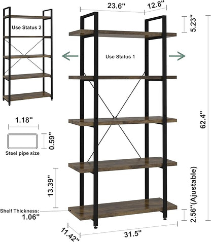 Panana 5 Tier Industrial Rustic Wooden Bookshelves, Vintage Open Wood and Metal Farmhouse Bookshelf Heavy Duty Storage Shelving Unit Rack (Brown)