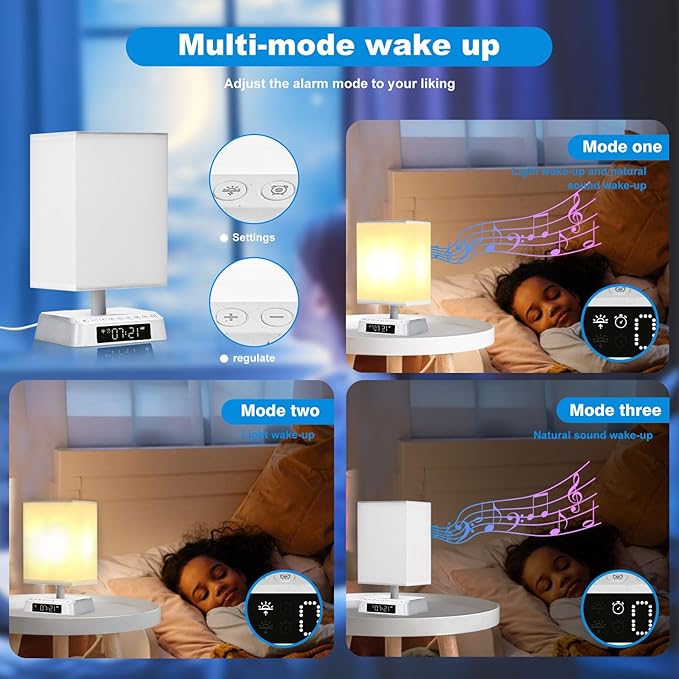 Nightstand Lamp Sound and Light Awakening Bioclock Adjustment lamp Sunrise Wake up lamp Built-in White Noise 3 Color Adjustable for Livingroom Bedroom Office Reading Working