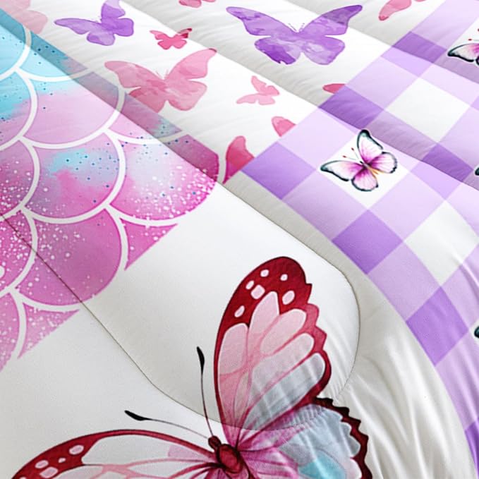 Datura home Kids Comforter Set Mermaid Scale Butterfly Printed Pattern Bedding Set with 1 Comforter and 2 Pillowcases for Girls Boys Bedroom All Season(Mermaid1 Queen)