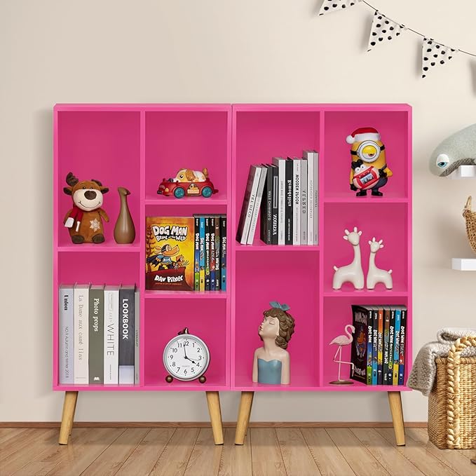 LEYAOYAO 5 Cube Bookshelf, 3-Tier Bookcase with Legs, Pink Kids Book Shelf Cute Storage Organizer, Free standing Open Toy Shelves Modern Bookshelves,Wood Display Bookcases for Bedroom,Living Room