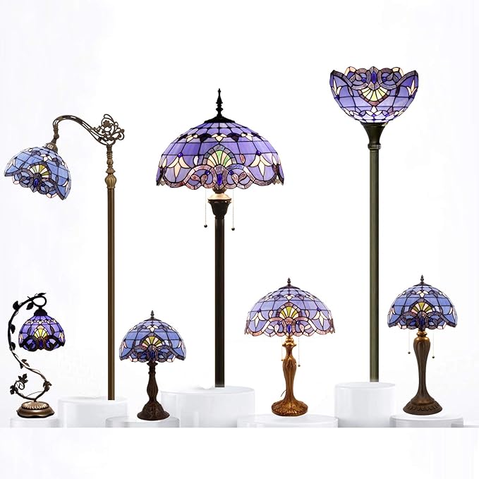 WERFACTORY Tiffany Lamp Blue Purple Stained Glass Baroque Table Lamp Lavender Style Bedside Desk Light Metal Base 16X16X24 Inches Decor Bedroom Living Room Home Office S003C Series (Blue Baraque)