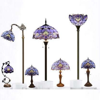 WERFACTORY Tiffany Lamp Blue Purple Stained Glass Baroque Table Lamp Lavender Style Bedside Desk Light Metal Base 16X16X24 Inches Decor Bedroom Living Room Home Office S003C Series (Blue Baraque)