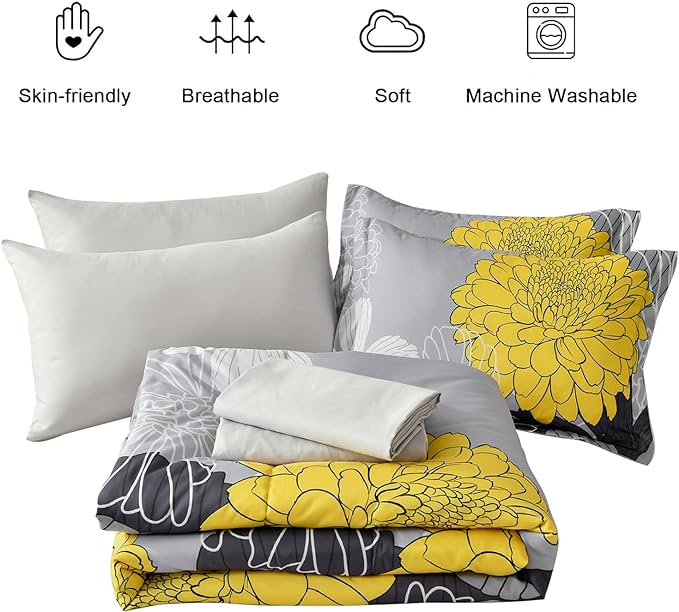 7 Pieces Bed in a Bag Yellow Floral Comforter Set Flowers Comforter Sets Soft Microfiber Bedding Set Queen Size (1 Comforter 1 Flat Sheet 1 Fitted Sheet 2 Pillowshams 2 Pillowcases)