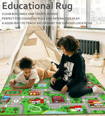 Kids Playroom Rug City Life Playmat Kids Rug for Hot Wheels Car 5.2'x3'3" City Map Traffic Road Learning Educational Area Rug Carpet for Children Bedroom Nursery Room Game