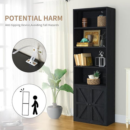 oneinmil 6 Tier Bookshelf and Bookcase, Wooden Bookshelves with Cabinet Doors, Floor Bookshelves and Office Storage Cabinets for Home Office, Living Room,Black