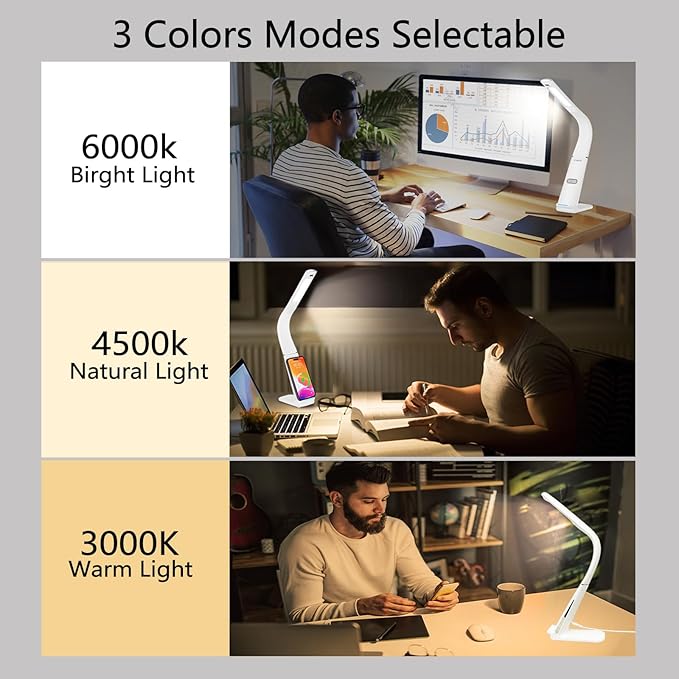 LED Desk Lamp with USB Charging Port, 10W wireless charger, Stepless dimmable, 3 Color Modes, Desk Lights for Home Office, Office Desk Lamp Eye Caring Reading Light, Gesture Control Table Lamp
