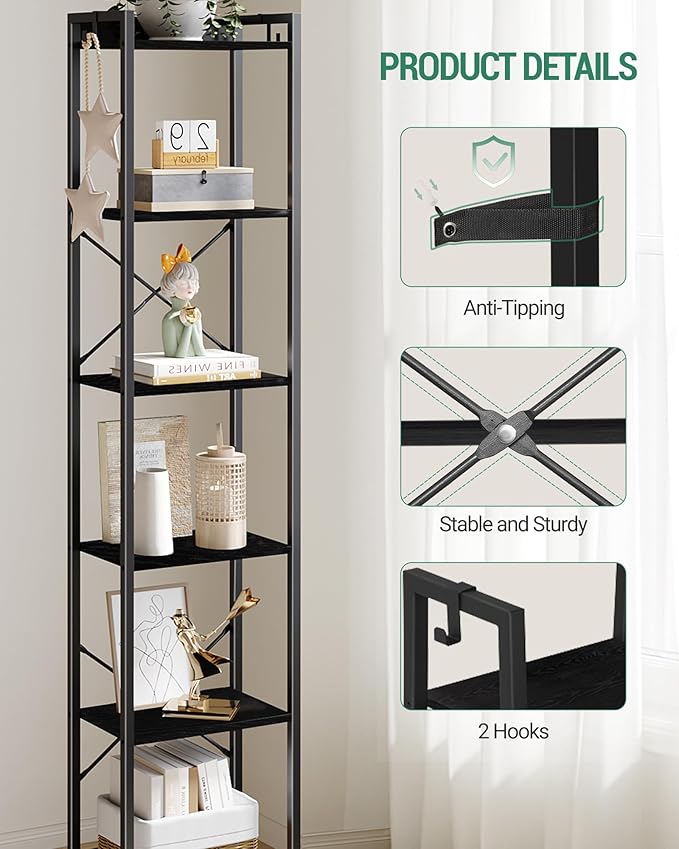 Bookshelf, Book Shelf, Industrial Bookcase with 2 Hooks, Coner Shelf Storage Organizer for Home Office, Living Room, Bedroom, Kitchen, 6-Tier Black BC10704B