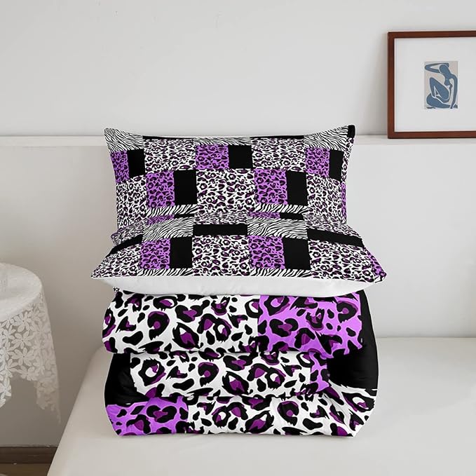 Erosebridal Patchwork Purple Cheetah Print Comforter Set Black White Zebra Bedding Set Queen for Teen Girls Women,Leopard Comforter Wild Animal Bedding Quilt with 2 Pillowcases Home Room Decor