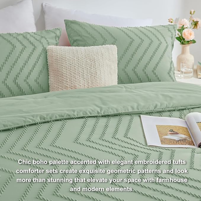 CozyLux Full Size Comforter Set Sage Green - 3 Pieces Boho Tufted Shabby Chic Bedding Comforter Set for All Seasons, Chevron Bedding Sets with Comforter & 2 Pillow Shams