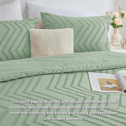 CozyLux King Size Comforter Set Sage Green - 3 Pieces Boho Tufted Shabby Chic Bedding Comforter Set for All Seasons, Chevron Bedding Sets with Comforter & 2 Pillow Shams